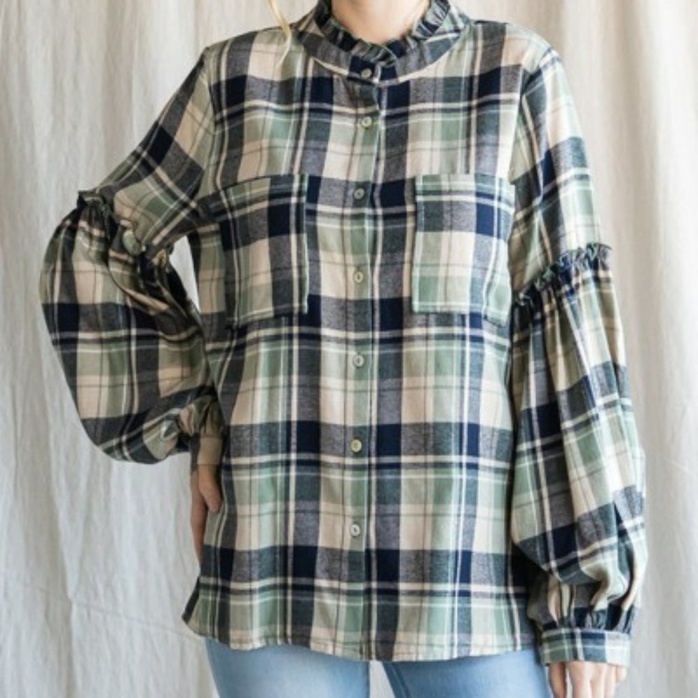 Plaid Button down Flannel top Balloon sleeve Frill Mock neckline New